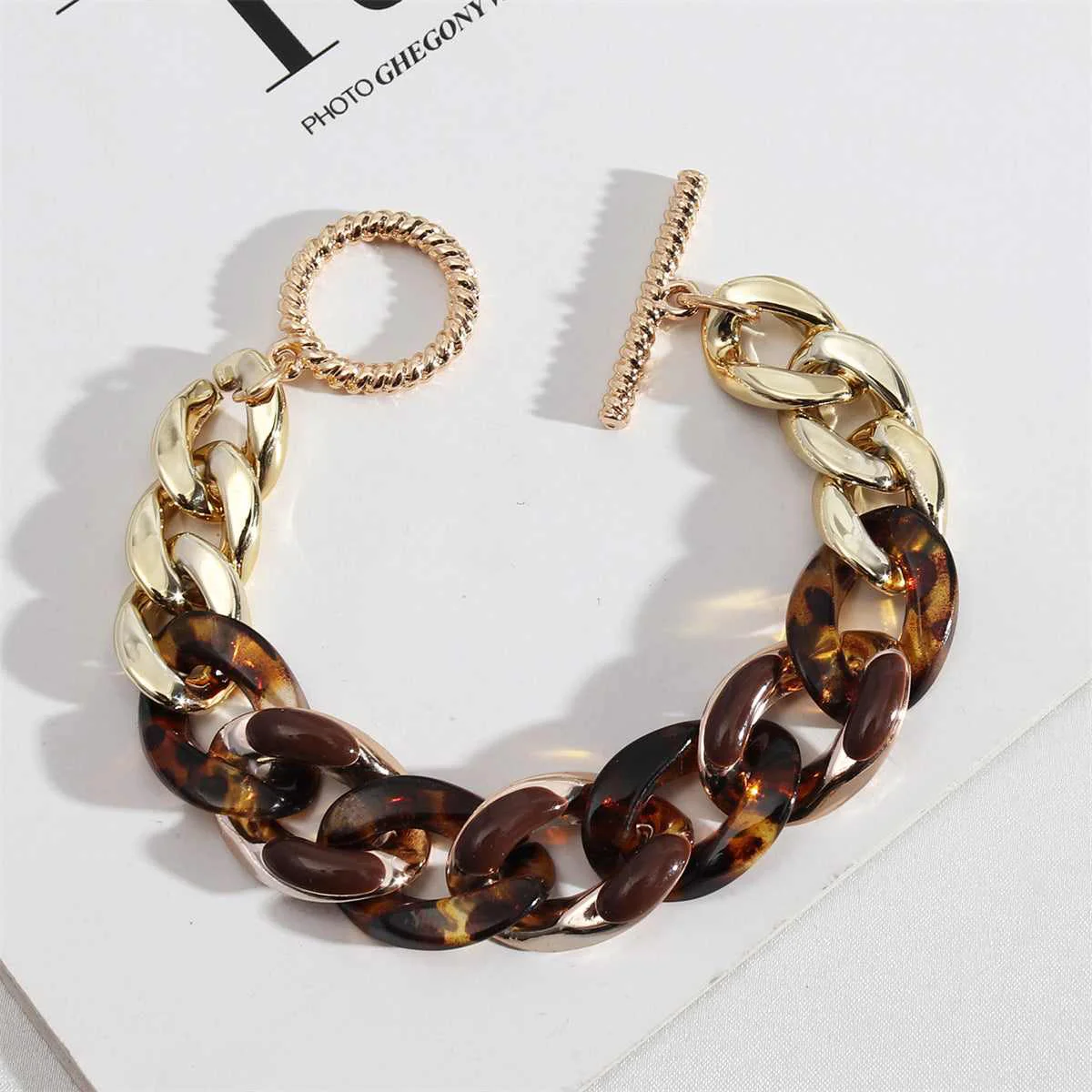Versatile Dark Brown Resin Enamel Goldtone Curb Chain Bracelet Minimalist