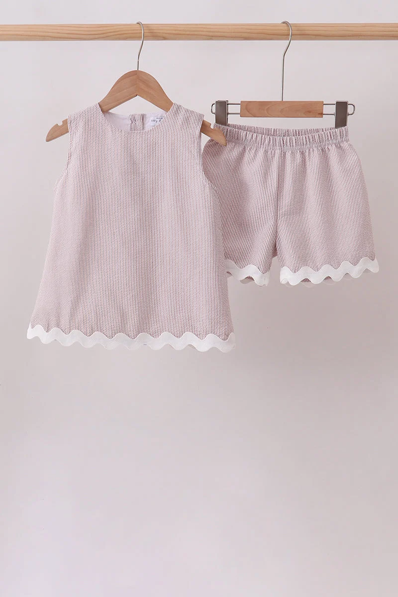 Easy-to-Use Khaki Seersucker Stripe Scalloped Shorts Set Consistent
