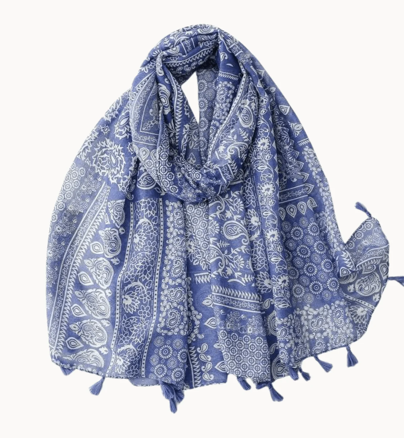 Crafted Blue and White Paisley Scarf with Tassels Comfortable