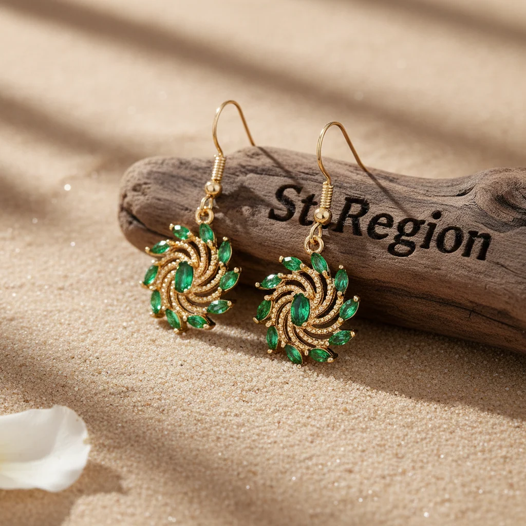 Authentic Green Crystal Goldtone Vortex Hook Earrings Unique