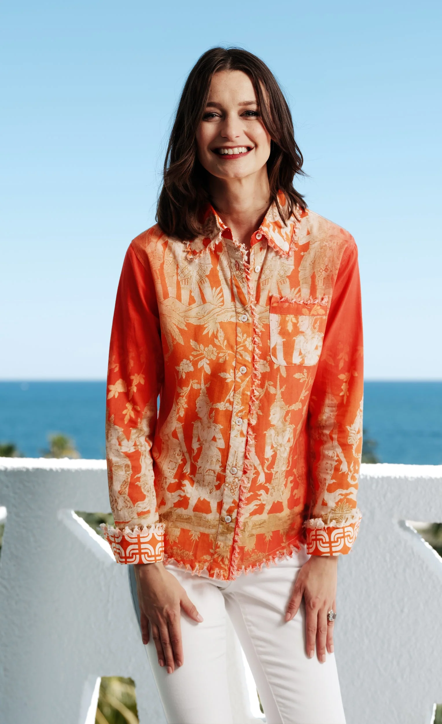 Relaxed Cape Cod Top Orange Gold Thai Dancers Print Cotton Linen Artisan