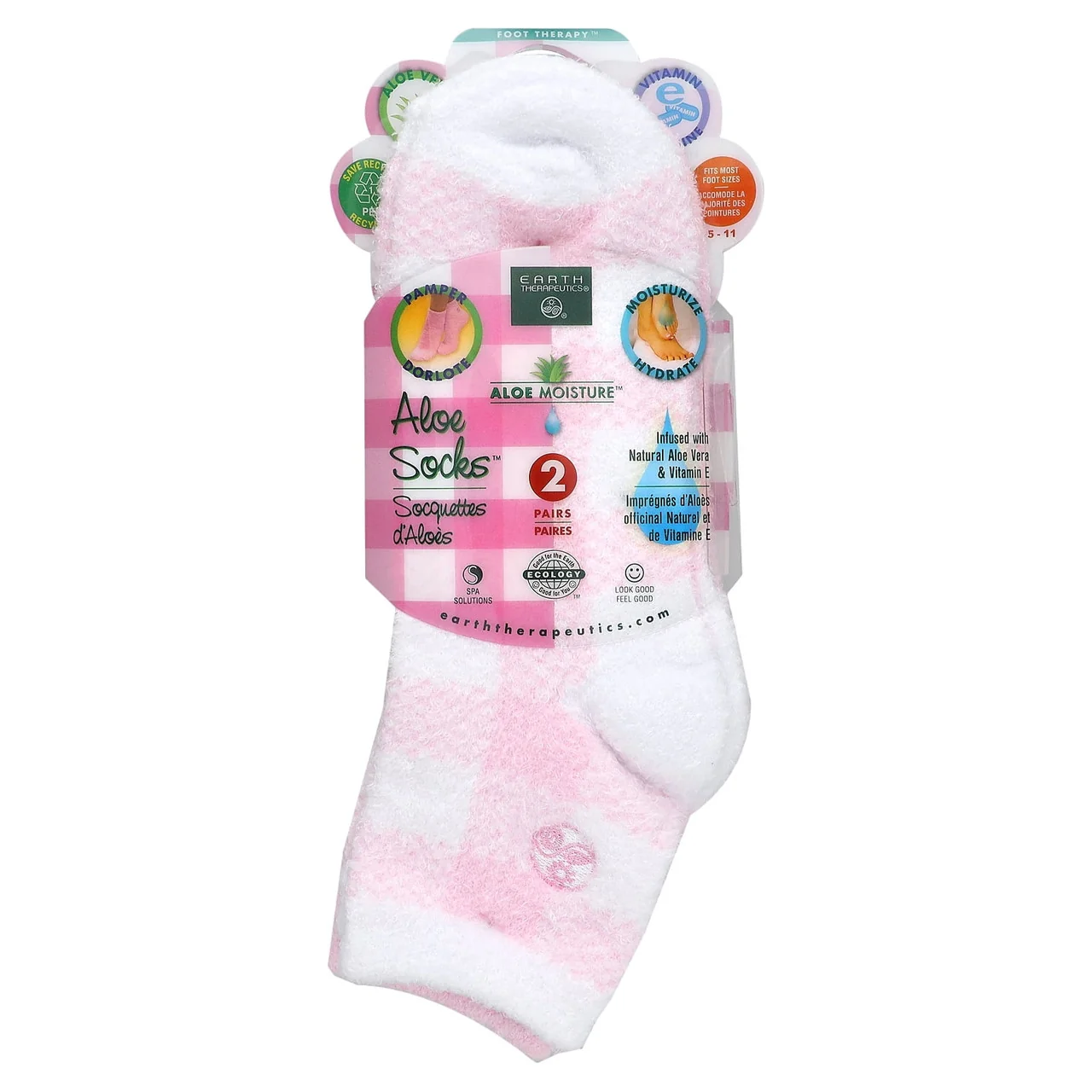 Secure Earth Therapeutics Aloe Infused Moisturizing Socks Pink Plaid 2 Pair Solid