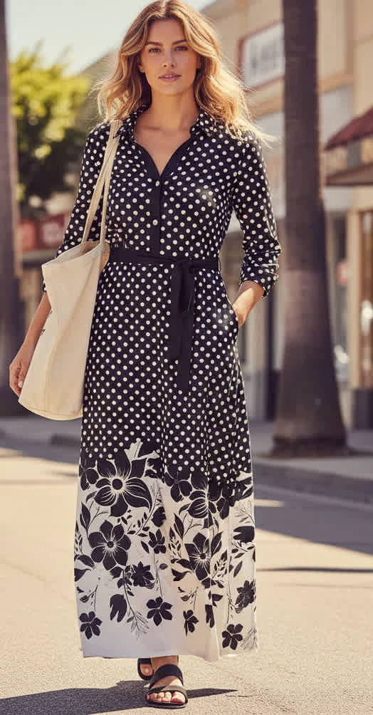 Comfortable Lily by Firmiana Women s Collared Maxi Dress with Button Placket Waist Tie and Long Sleeves Women s Apparel Black White Floral Border Print Quality