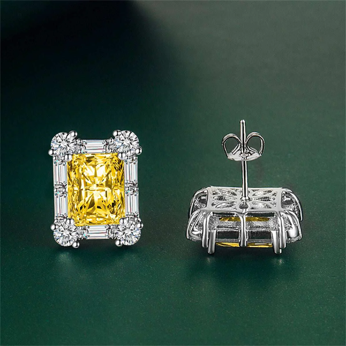 Authentic Yellow Crystal Cubic Zirconia Silvertone Rectangular Stud Earrings Long-Lasting