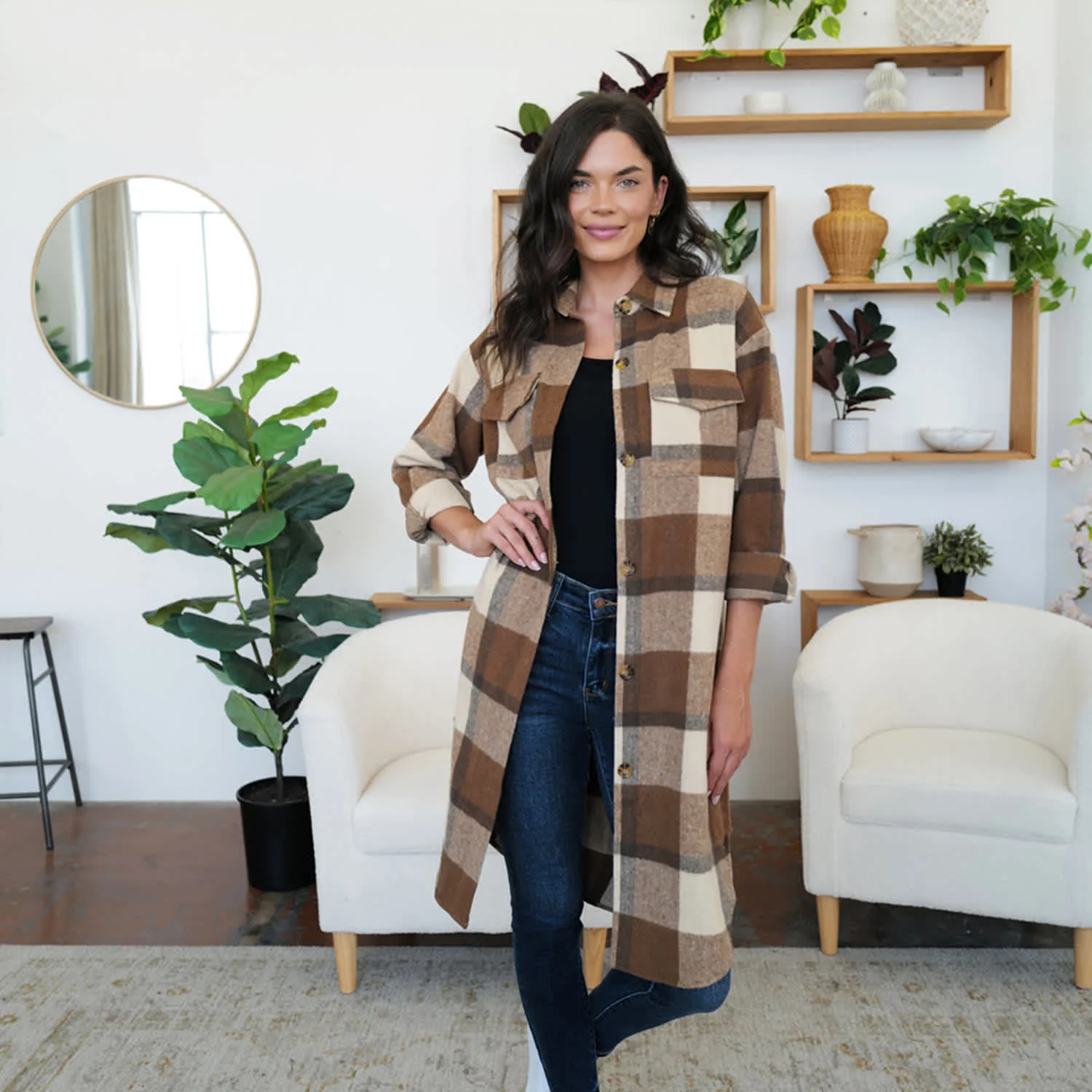 Versatile Brown Plaid Collared Neck Long Sleeve Longline Jacket Comfortable