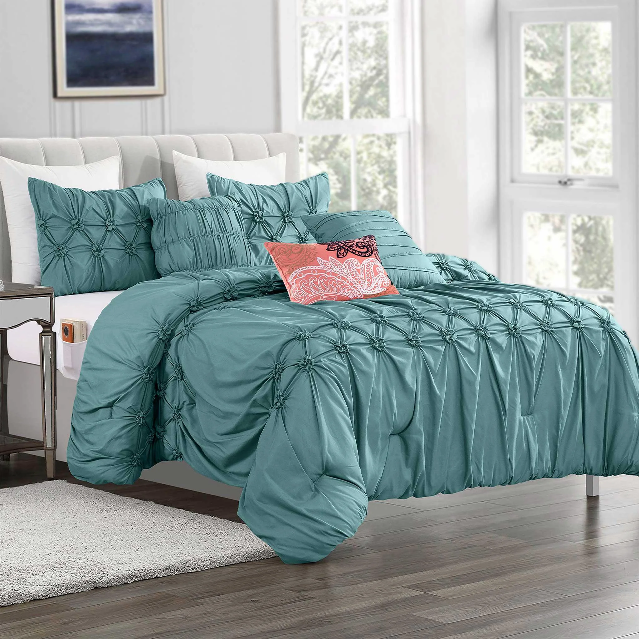 Smooth Elegant Comfort 12-Piece Ella Pleated Ruched Pintuck Comforter Set Includes 6-Piece Sheet Set with Double Sided Storage Pockets Safe
