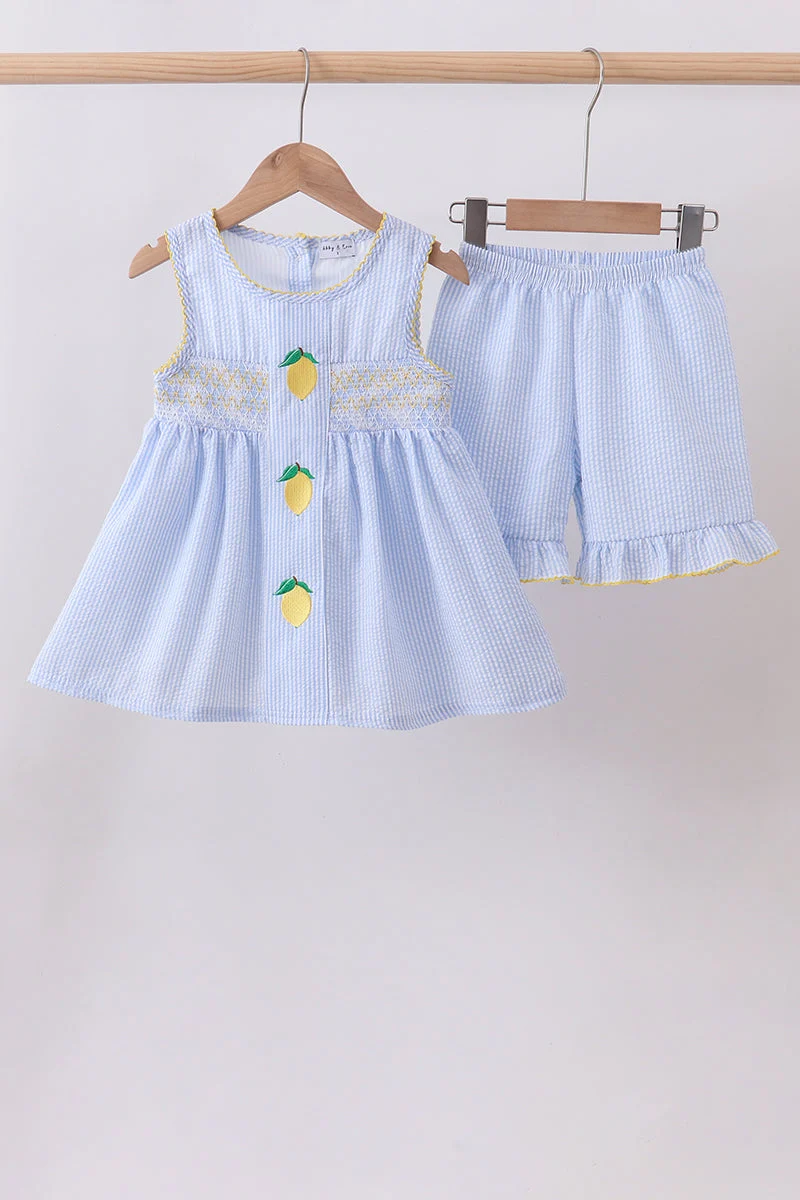 Artisan Blue lemon embroidery seersucker ruffle shorts set Specialty