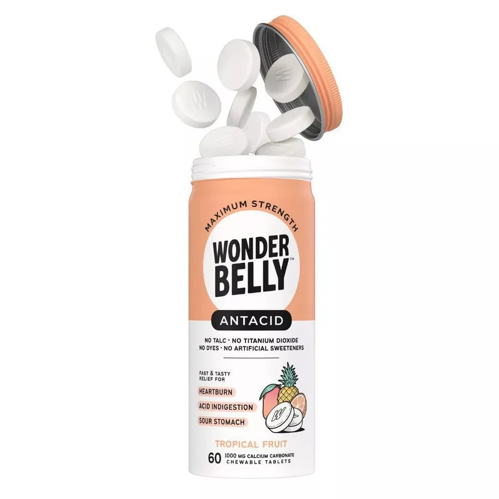 Authentic Wonder Belly Tropical Fruit Antacid Chewable Tablets for Heartburn and Indigestion Relief 60Ea Innovative