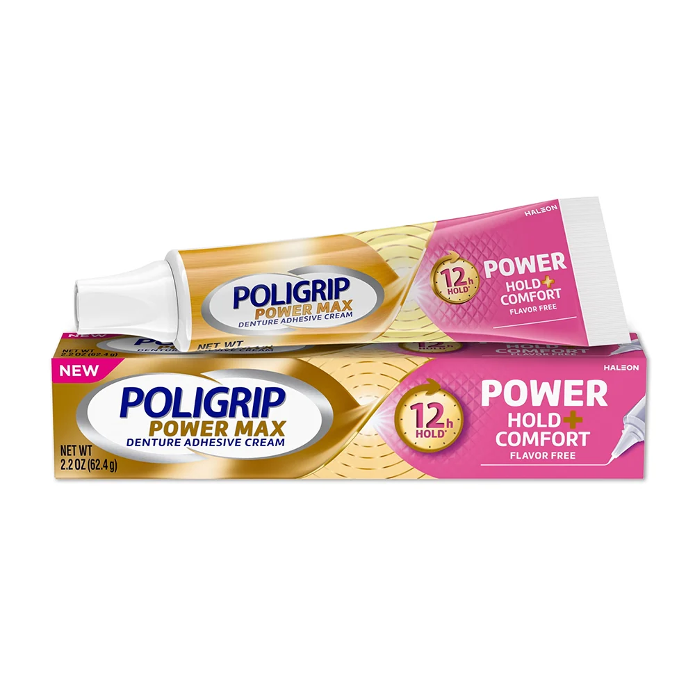 Traditional Poligrip Power Max Hold and Comfort Denture Adhesive Cream Flavor 2.2Oz 62.4g Breathable