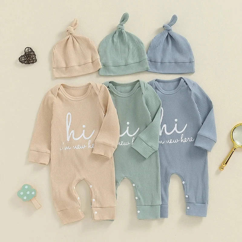 Unique Baby Boys Girls 2Pcs Hi I'm New Here Romper Letter Print Long Sleeve Crew Neck Jumpsuit Bodysuit with Hat SetSPECIFICATIONS Elegant