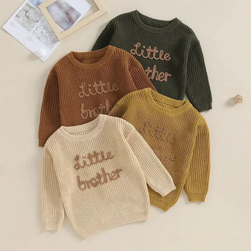 Original Design Baby Boys Sweater Letter Embroidery Little Brother Crew Neck Long Sleeve Pullover TopSPECIFICATIONS Optimized