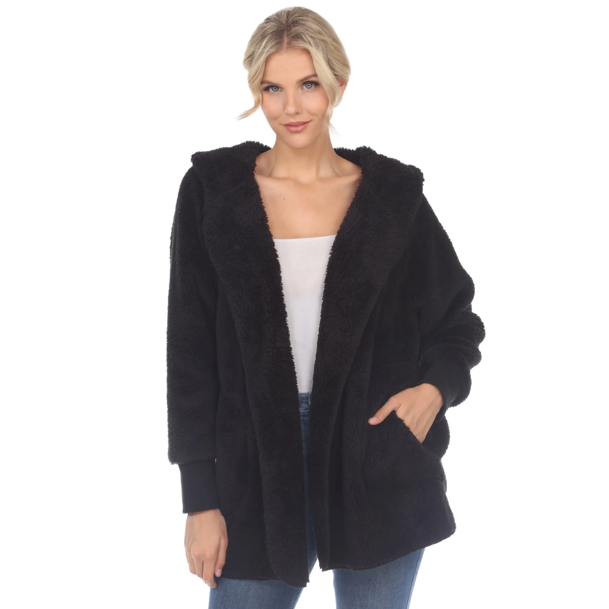 User-Friendly White Mark Women's Plush Hooded Cardigan with Pockets Organic