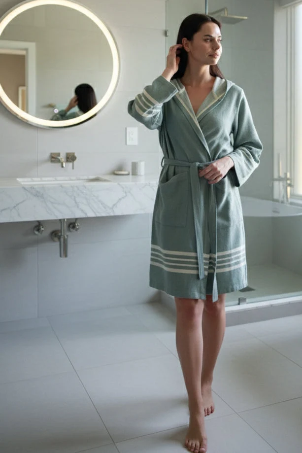 Proven Organic Turkish Cotton Short Bathrobe with Hood – Lightweight Robe Clean