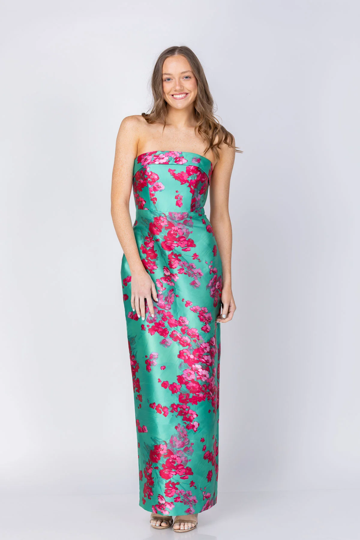 Easy-to-Use Theia Cleo Strapless Column Gown in Seafoam Drift Sakura Mist Pure