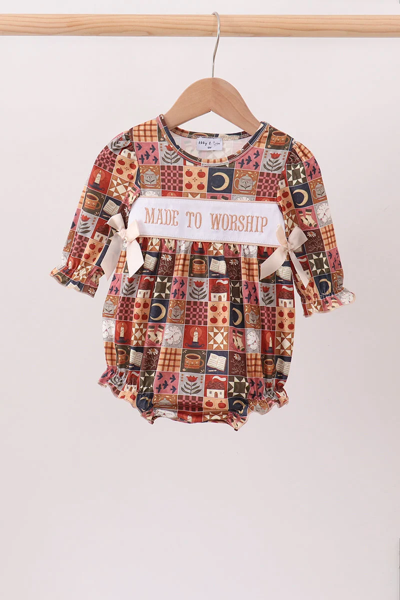 Detailed Brown Made to Worship Embroidery Bubble Comfortable