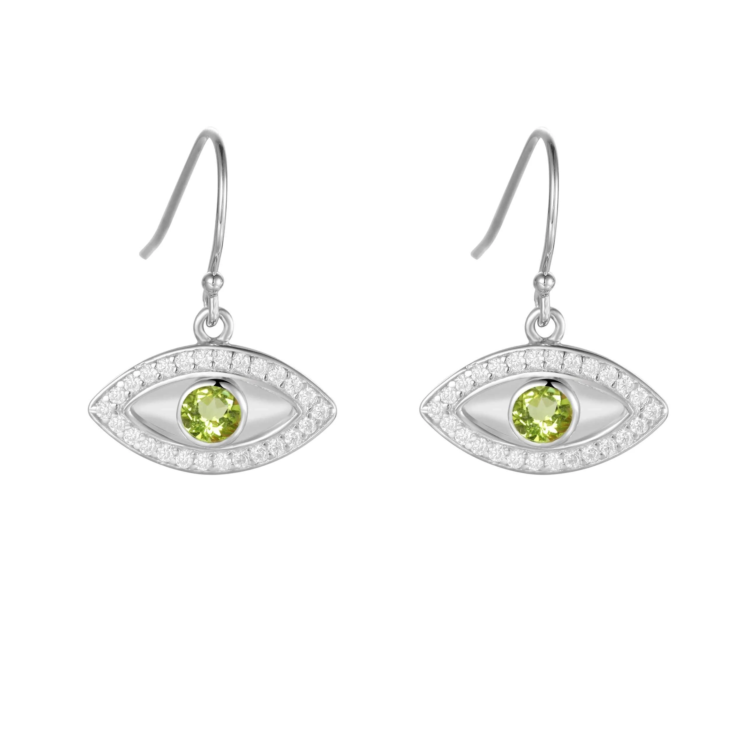 Traditional Natural Peridot Rhodium Plated Evil Eye Earrrings Premium Material