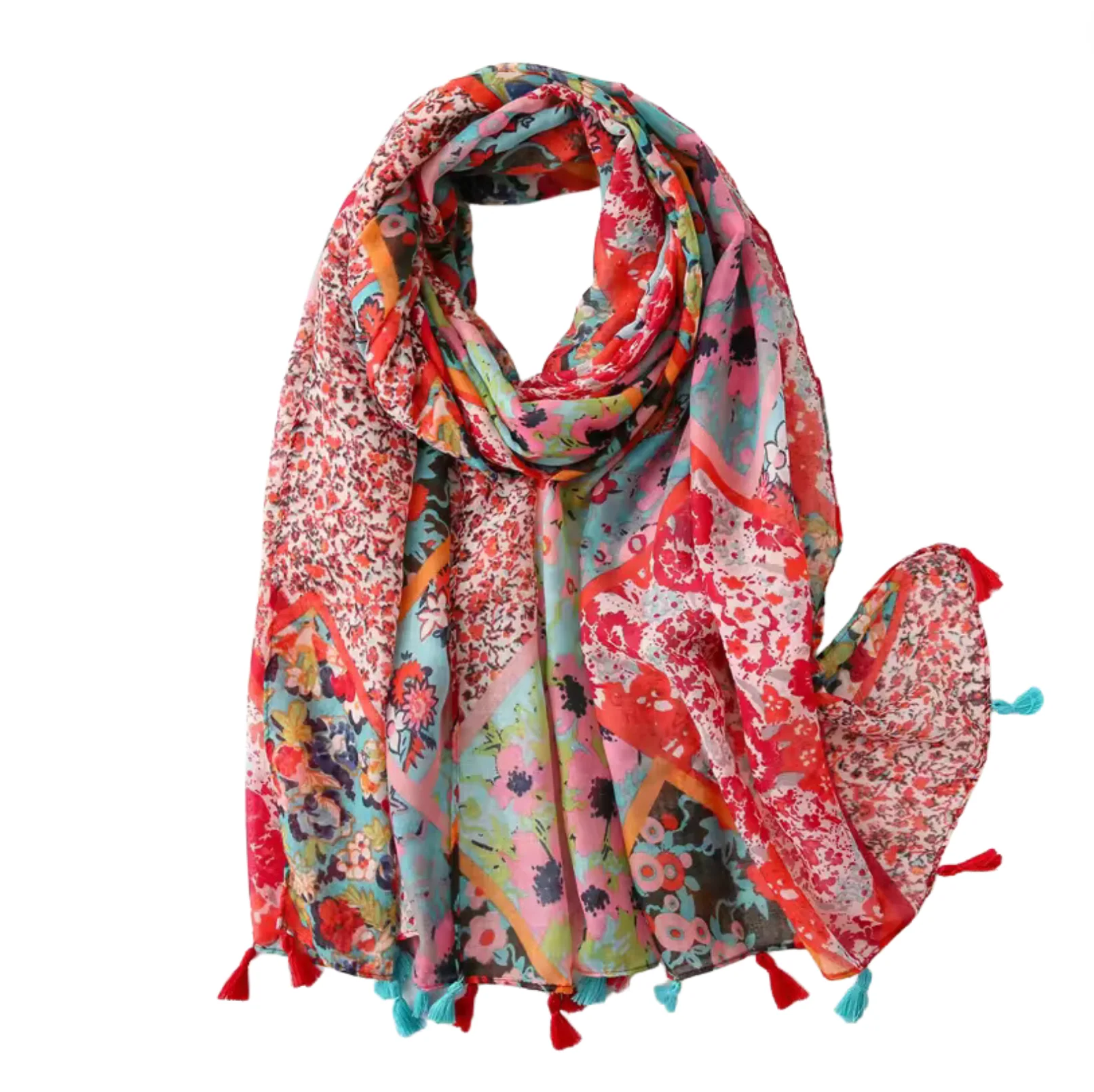 Organic Vibrant Floral Lightweight Scarf with tassels Official