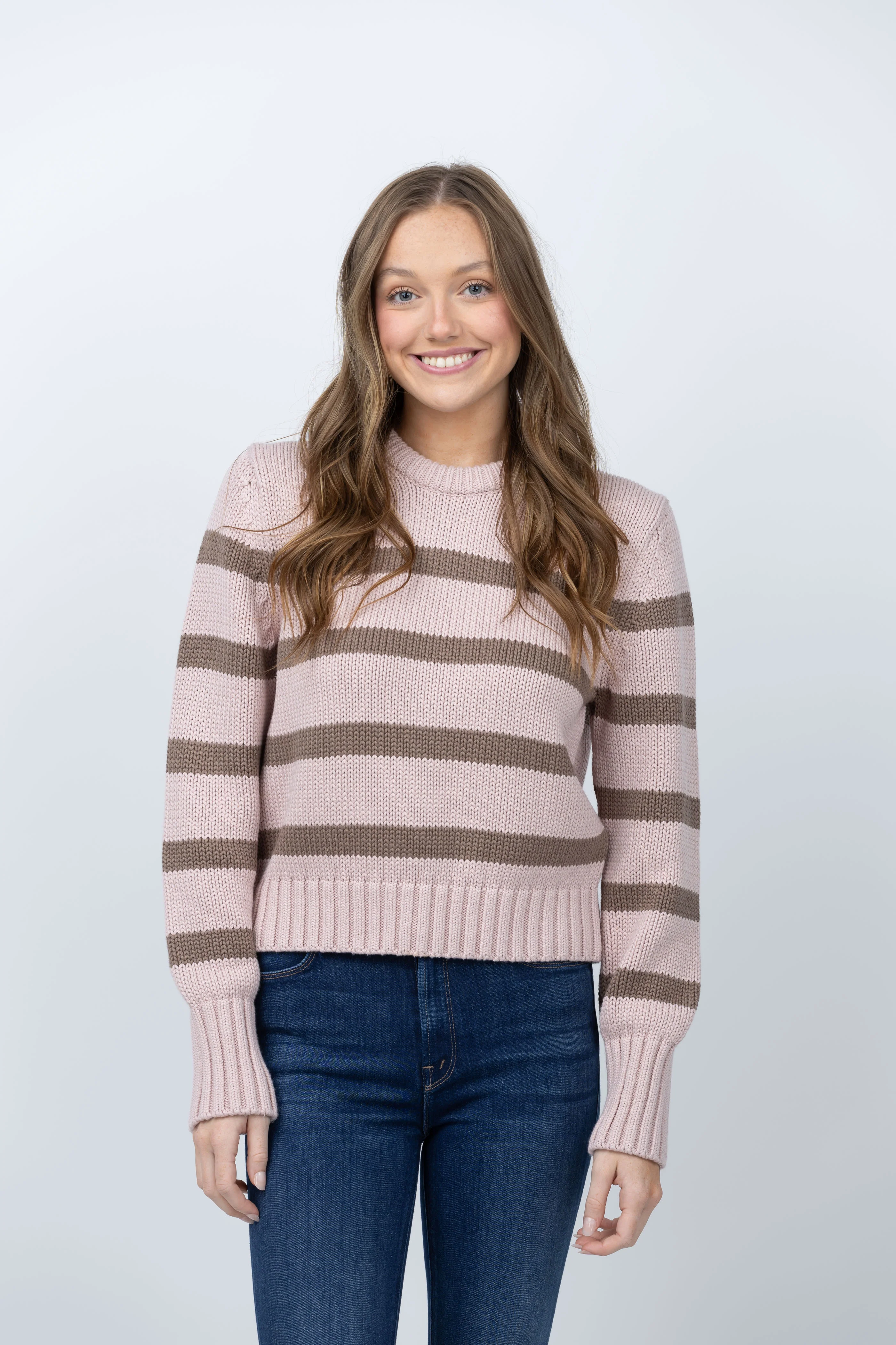 Classic White Warren Organic Cotton Striped Crewneck in Blush Mocha Dependable