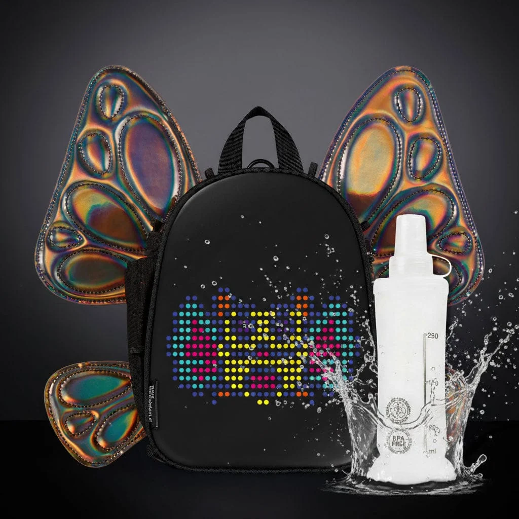 Minimalist RaveBeetle FLOWt LED Festival Hydration Pack Swappable Wing Rave Backpack with 8oz Soft Water Bottle Light Accessory Mocha Dependable