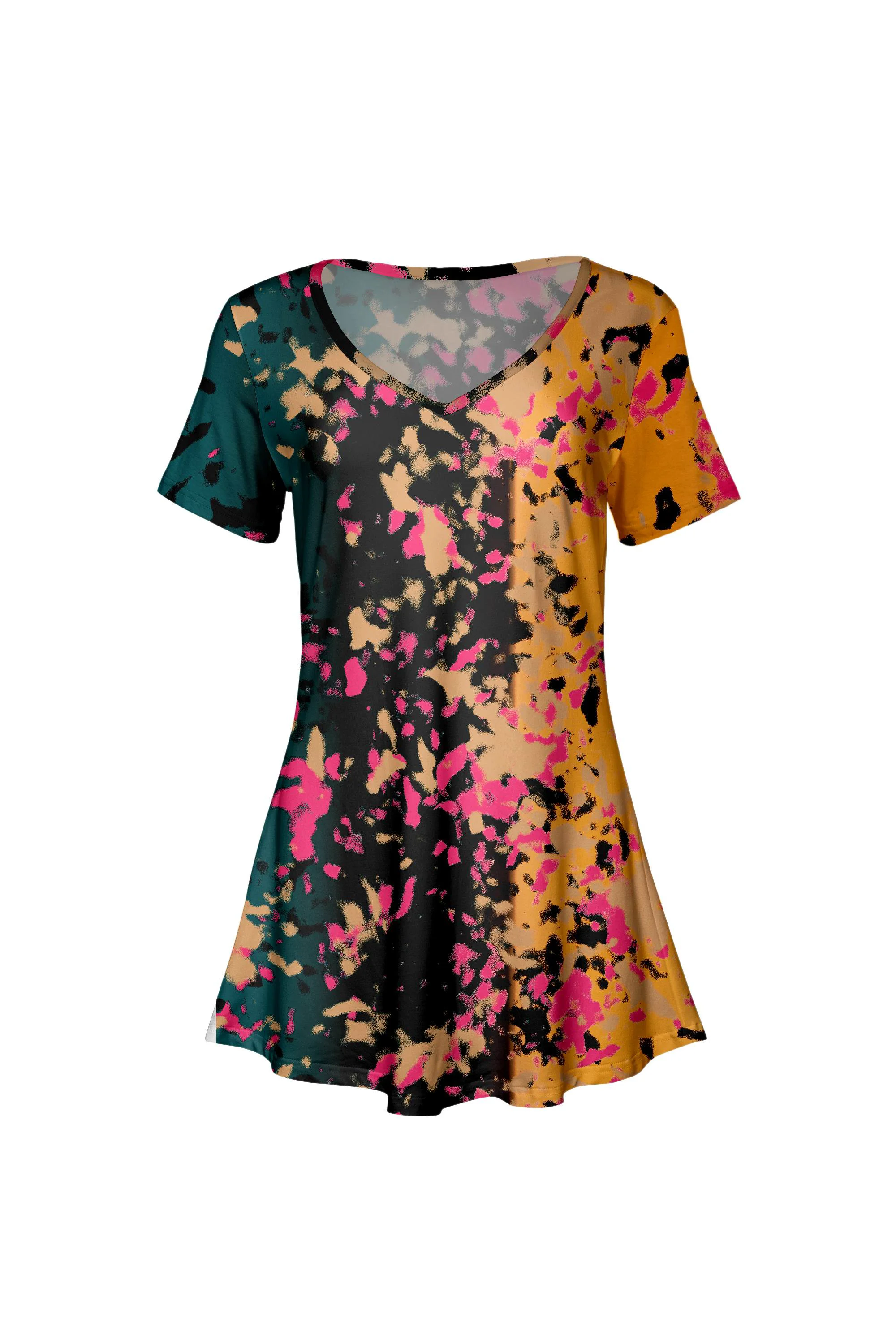 Soft Lily by Firmiana Women's V-Neck Short Sleeve Tunic Teal Orange Floral Mix Enhanced