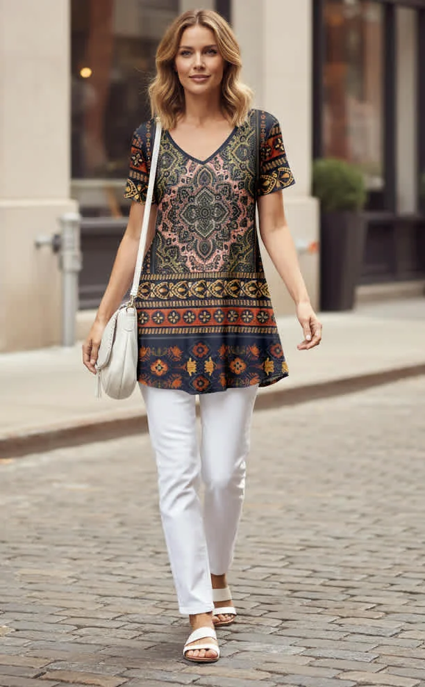 Efficient Lily by Firmiana Women s V-Neck Short Sleeve Tunic Women s Apparel Brown Multicolor Border Print Fashionable