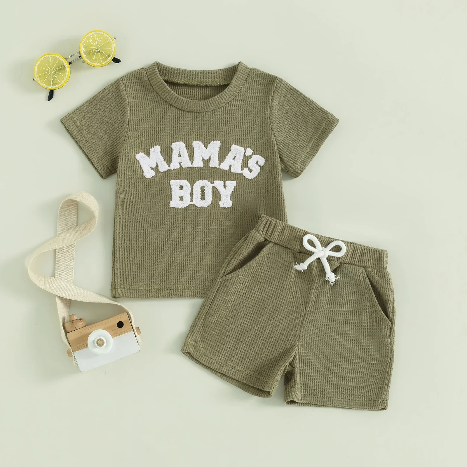 Outstanding Baby Toddler Boy 2Pcs Mama's Boy Letter Embroidery Short Sleeve Top Matching Shorts Set Waffle OutfitSPECIFICATIONS Pure