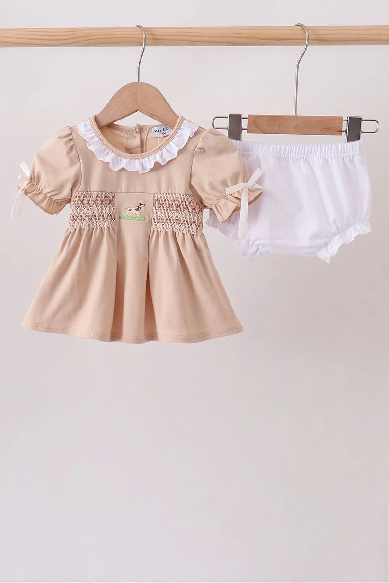 Trendy Khaki Puppy Smocked Bloomer Set Refined