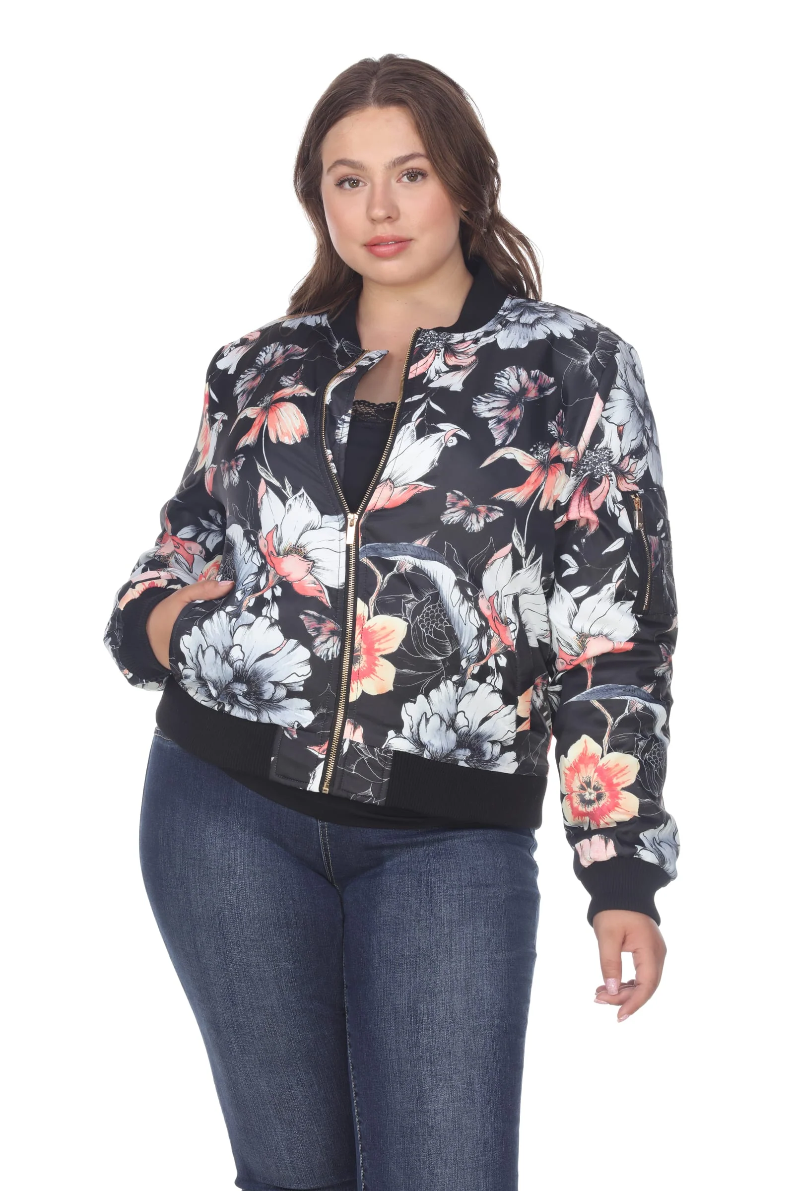 Certified White Mark Women's Plus Size Floral Bomber Jacket Durable