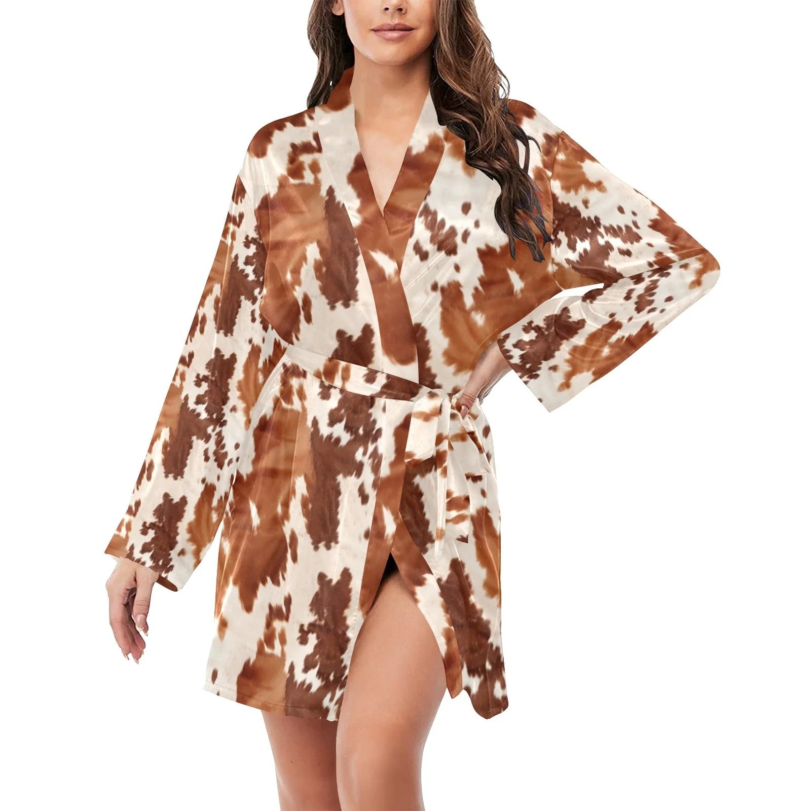 Convenient Light Brown Cow Print Women's Long Sleeve Belted Satin Feel Dressing Lounge Robe Pure