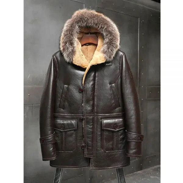 Crafted Men s B3 Leather Bomber Shearling Trench Coat Excellent