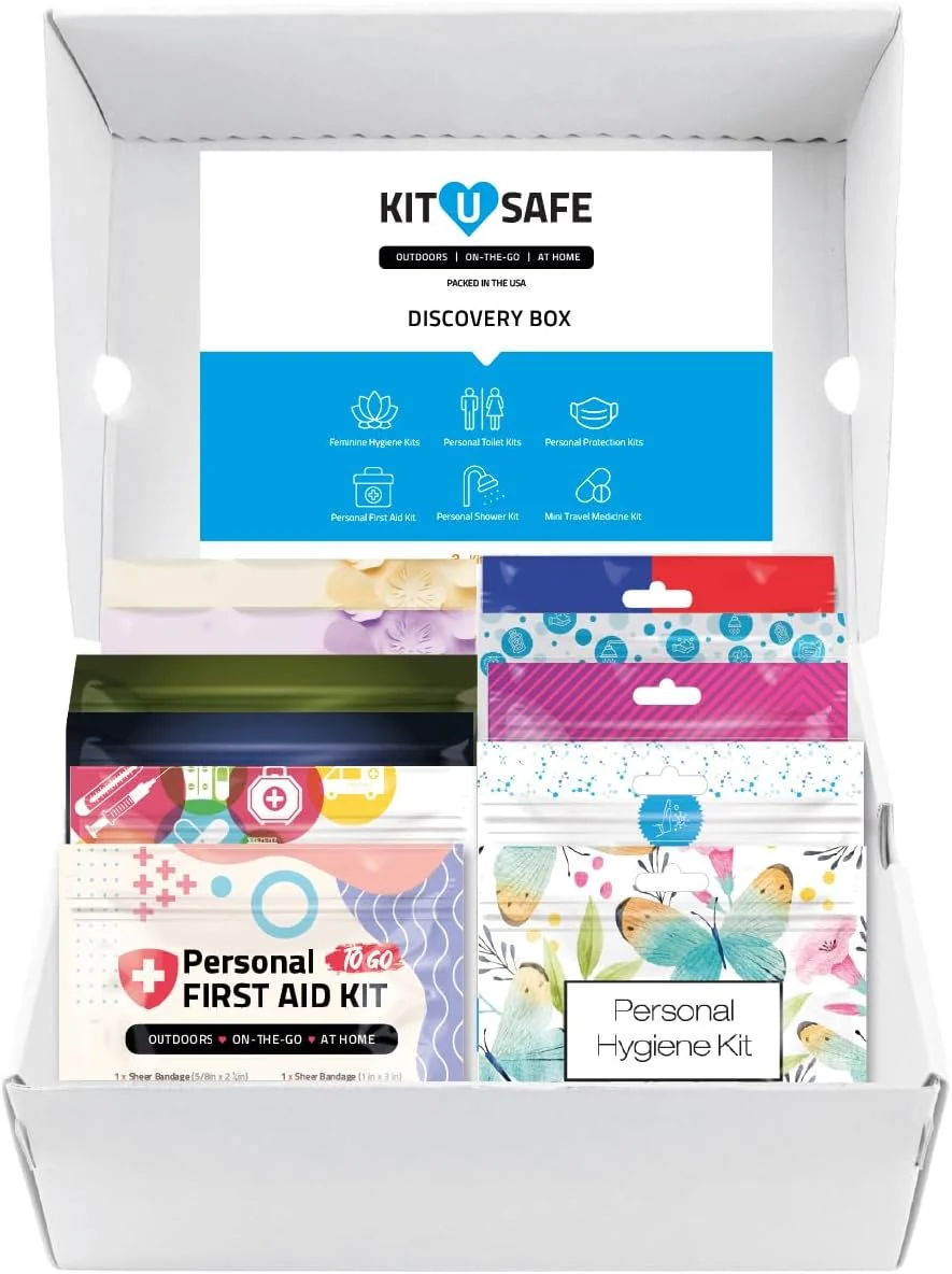 Official Discovery Kit with Shaving Feminine Hygiene First Aid Essential Flows Shower Toilet PPE Kits – Complete Travel Emergency Essentials in a Convenient Box Trendy