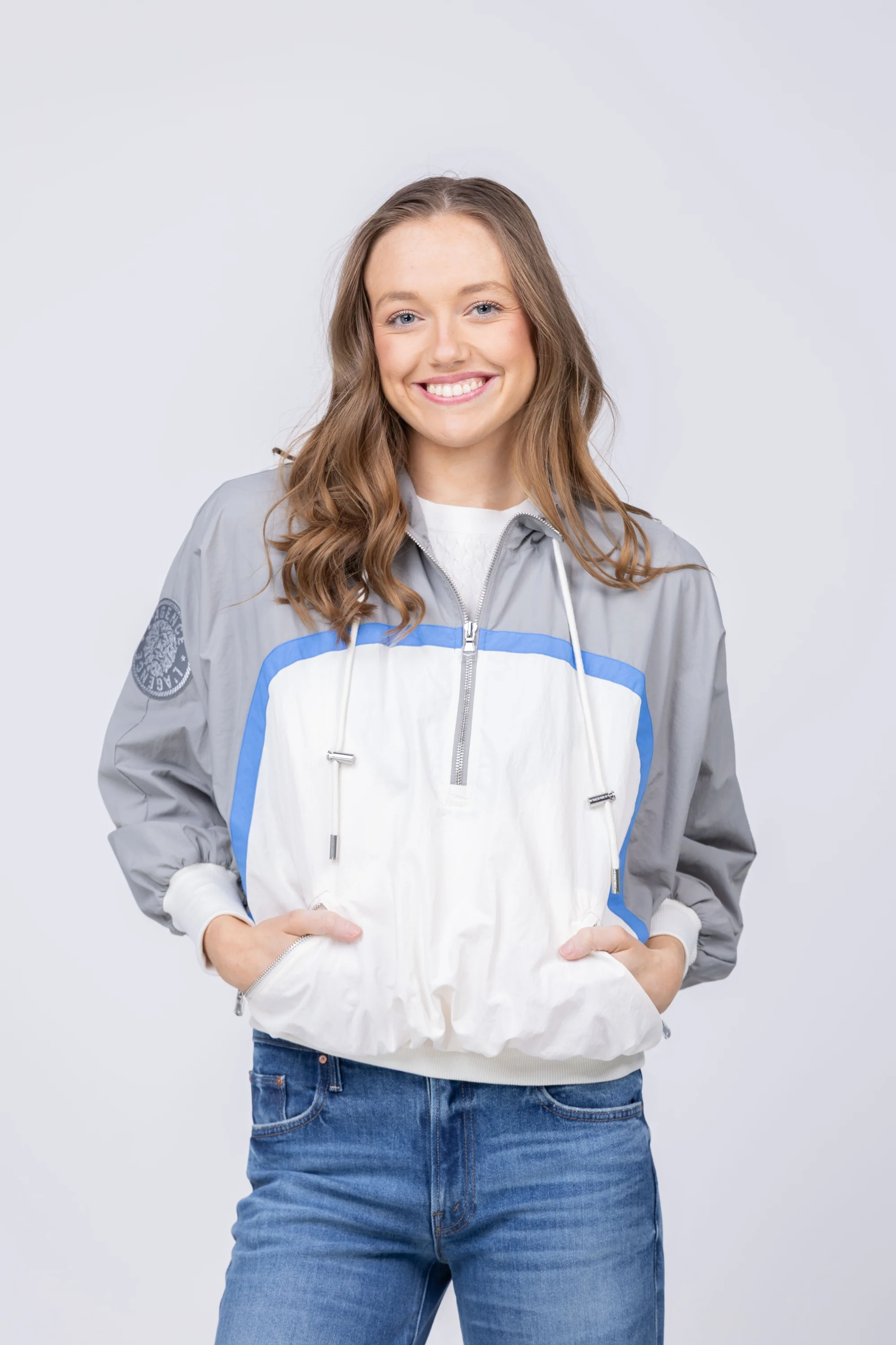 Traditional L'AGENCE Aurelia Windbreaker in Light Grey Regatta Blue Ivory Artisan