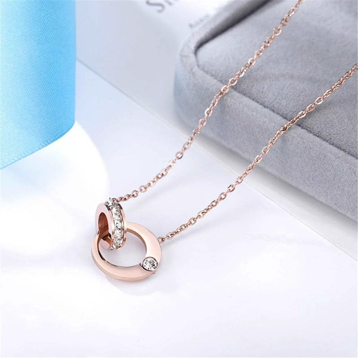 Artisan Cubic Zirconia Rose Goldtone Double Ring Pendant Necklace Consistent