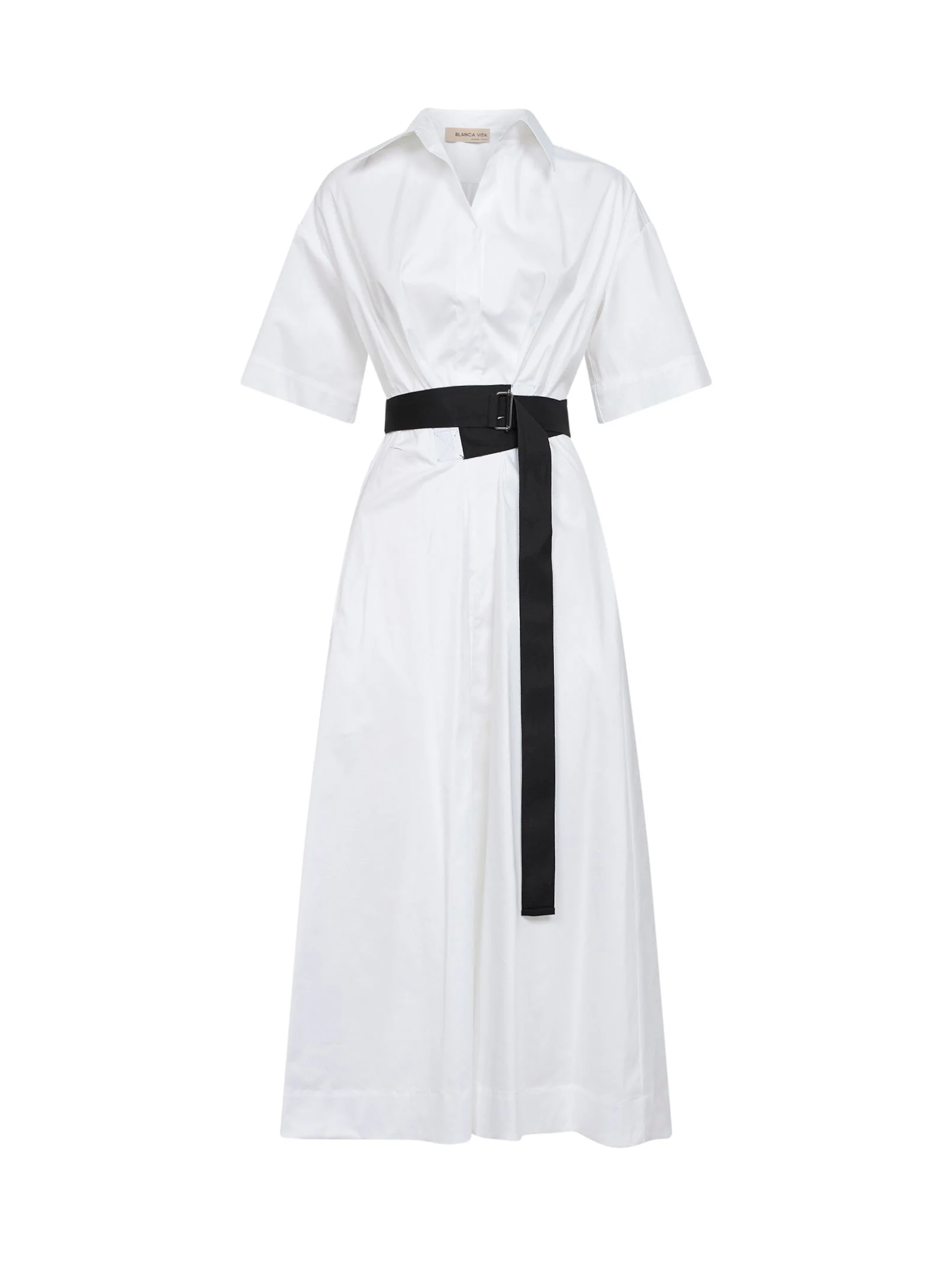 Convenient White Stretch Poplin Belted Midi Dress Superior