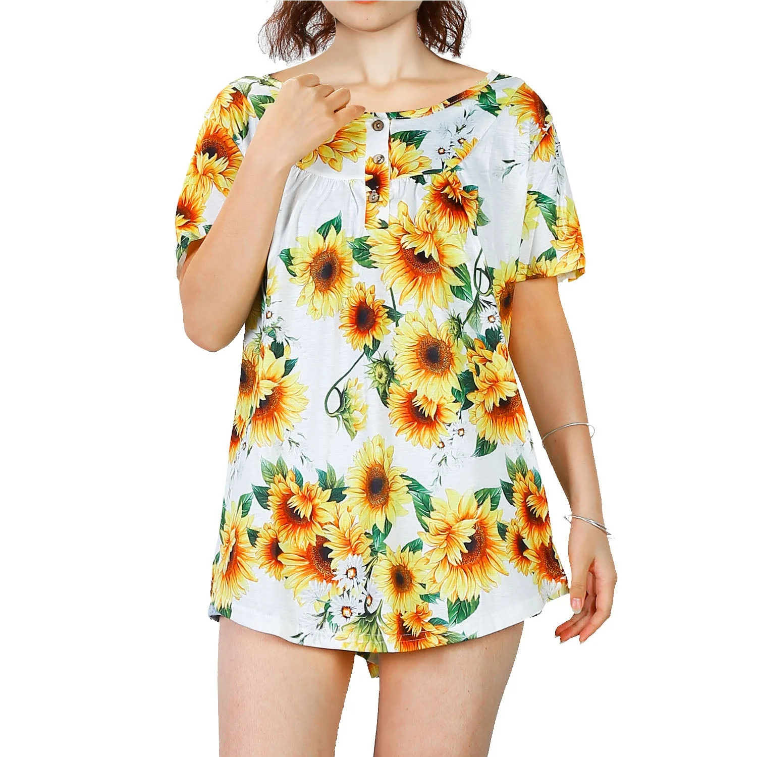 Traditional Women Summer Shirts Tops Loose Short Sleeve T Shirts Casual Floral Printed Button Shirts Blouse S-XXL Excellent