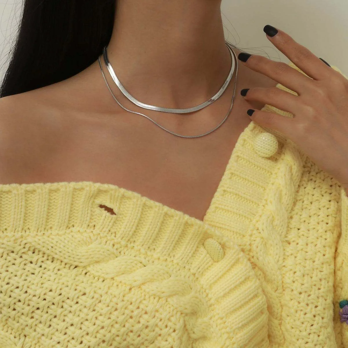 Authentic Silvertone Herringbone Chain Double Layered Choker Necklace Safe