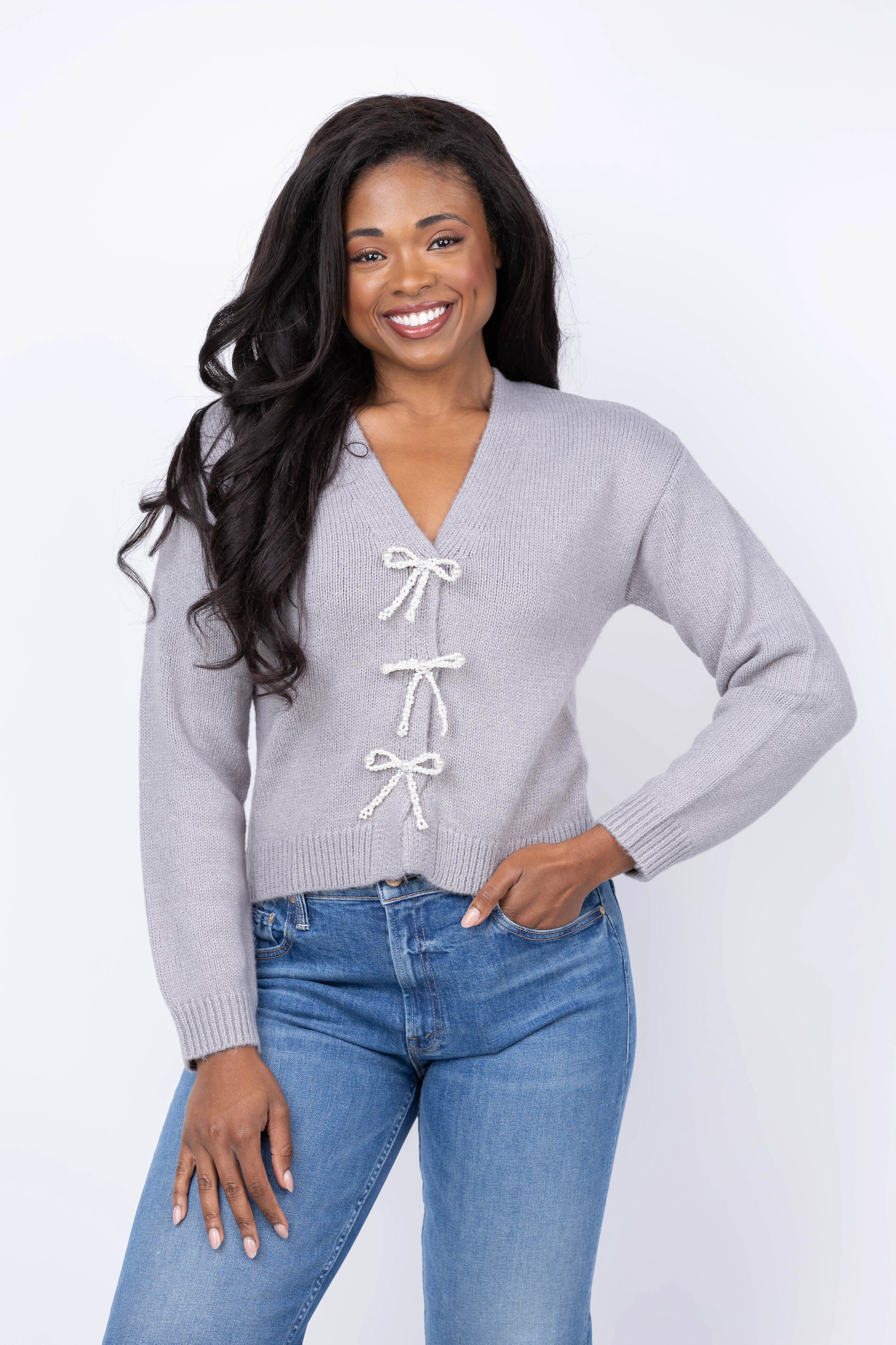 Clean Design History V-Neck Gem Bow Cardi in Silver Mist Unique