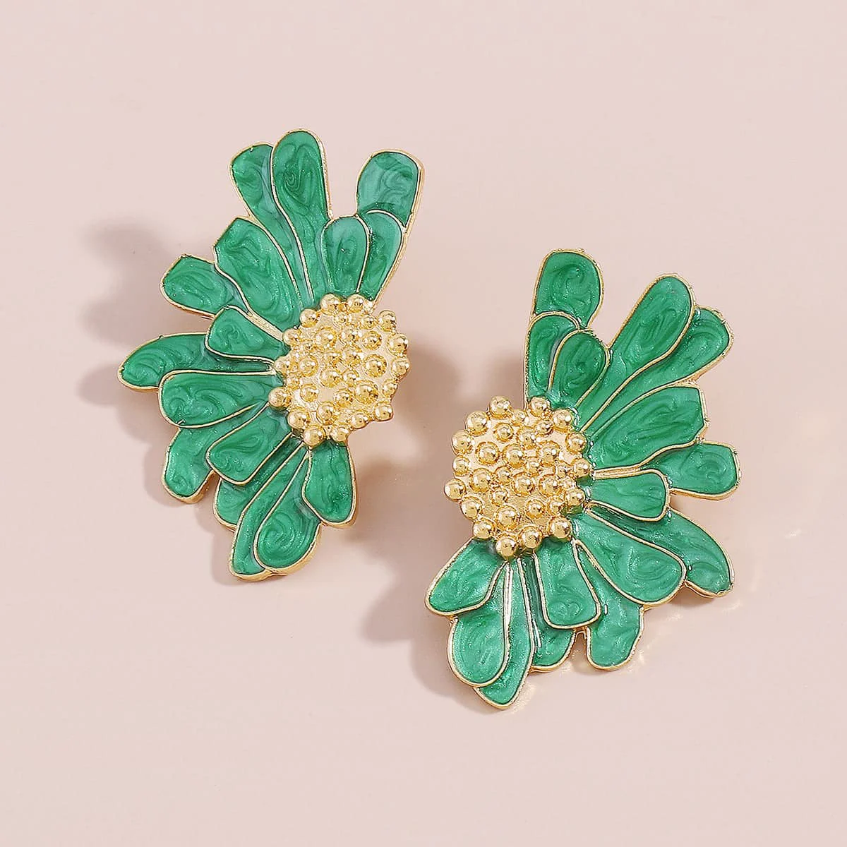 Versatile Green Enamel Goldtone Mum Stud Earrings Stylish