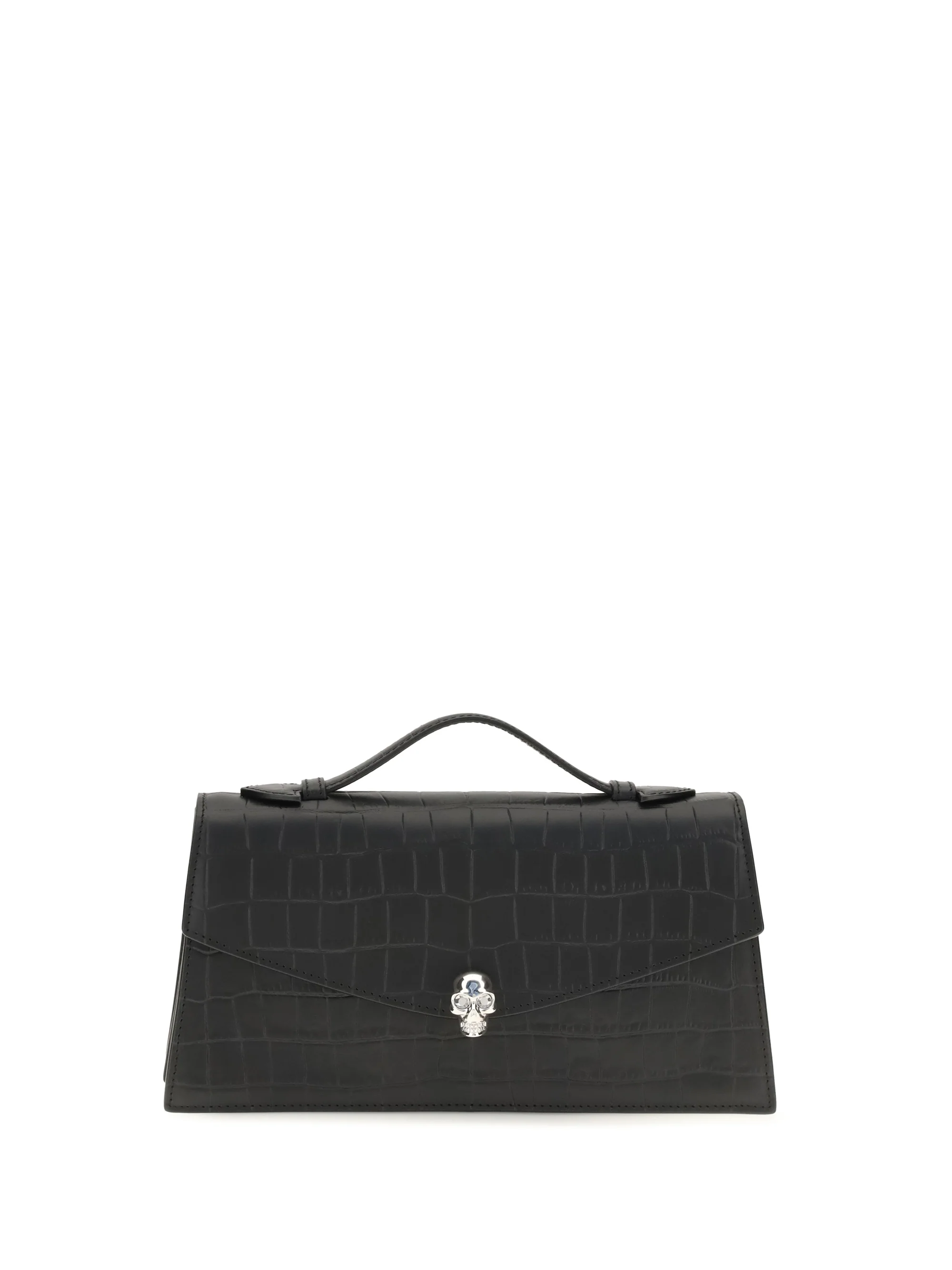 Lightweight Handbag Skull Croc-Embossed Black Silver Fine