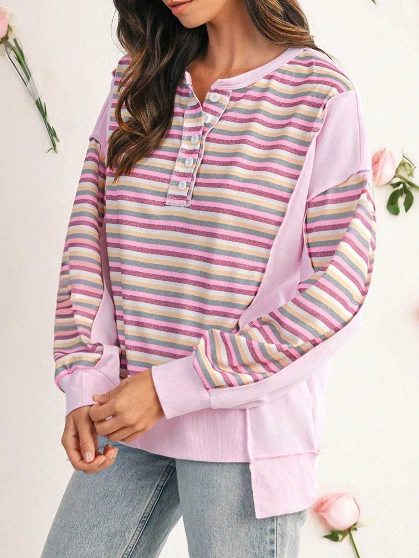 Verified Boho Retro Vintage Cotton 90's Floral Plaid Henry Button Up Drop Shoulder Oversized Bishop Sleeve Top Shirt Oversized Tunic Fast