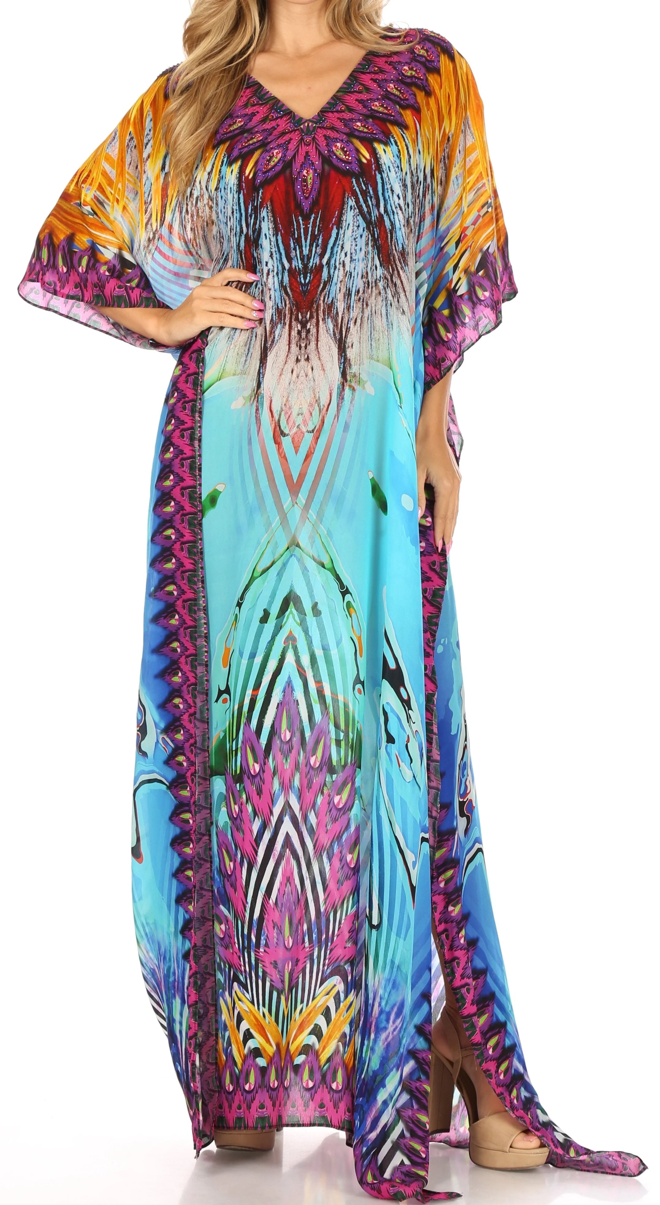 Detailed Sakkas Anahi Flowy Design V Neck Long Caftan Dress Cover Up With Rhinestone Comfortable