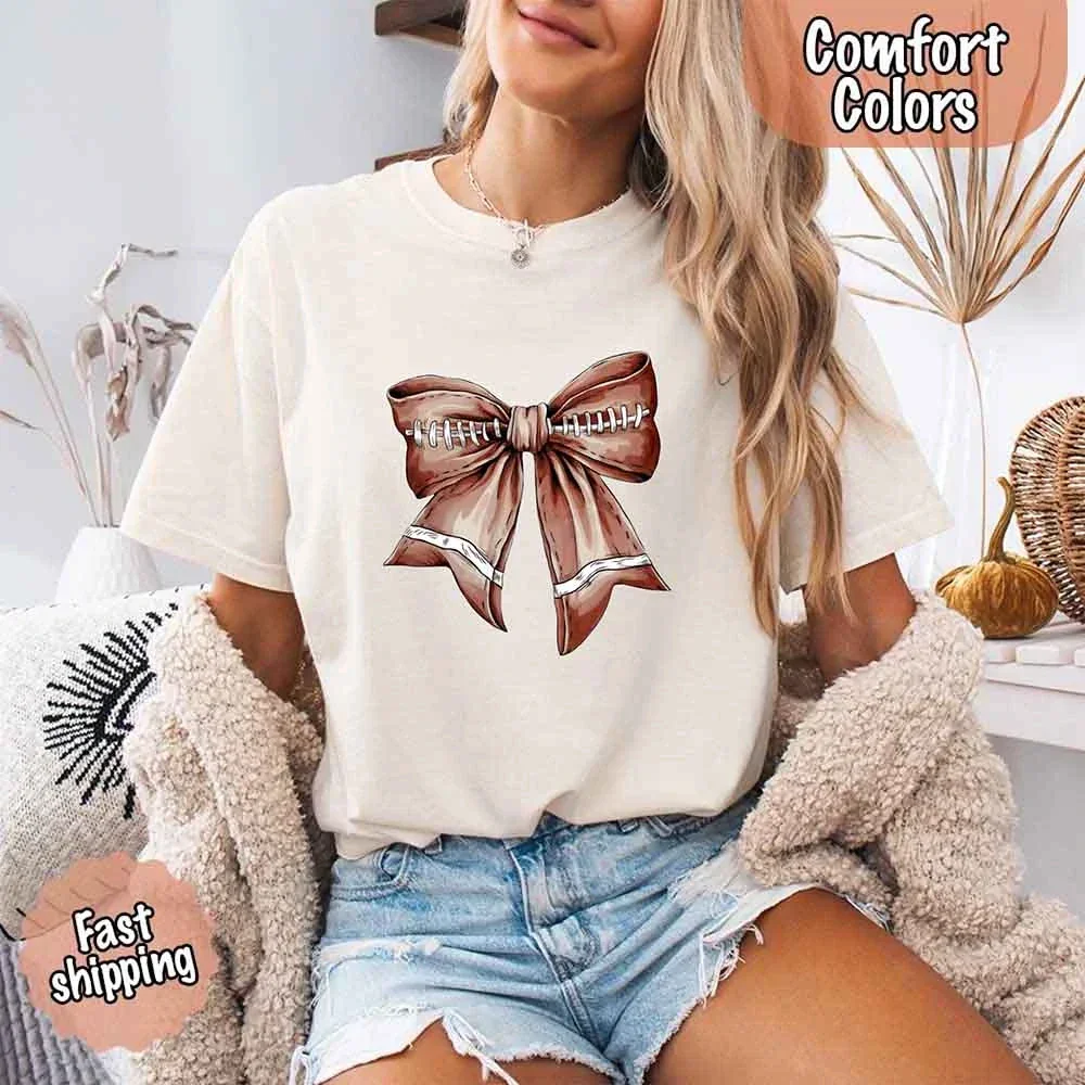 Dependable Comfort Colors Vintage Football Bow T-Shirt – Cute Game Day Tee for Women Unique