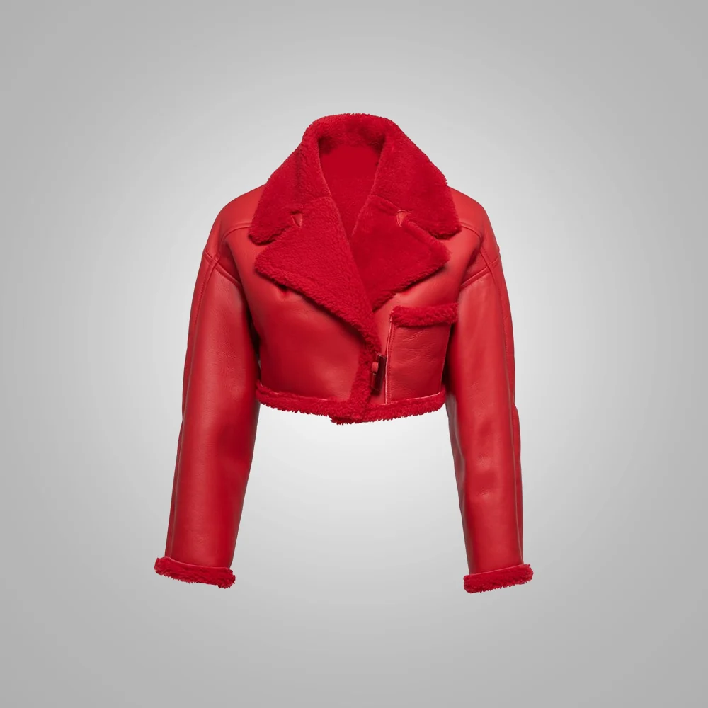 Elite Women Red Pilot Aviator Flight B3 Bomber Faux Fur Shearling Sheepskin Leather Jacket World-Class