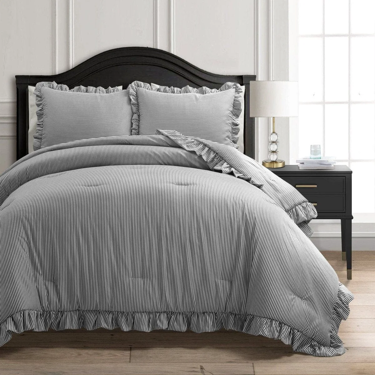 Safe Farmhouse Stripe Reyna Ruffle Reversible Comforter 3 Piece Set Verified