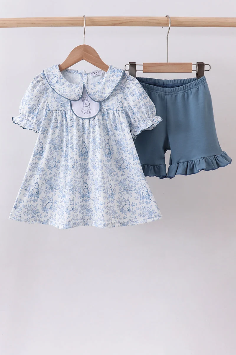 Flexible Navy bunny embroidery floral peter pan collar shorts set Sustainable