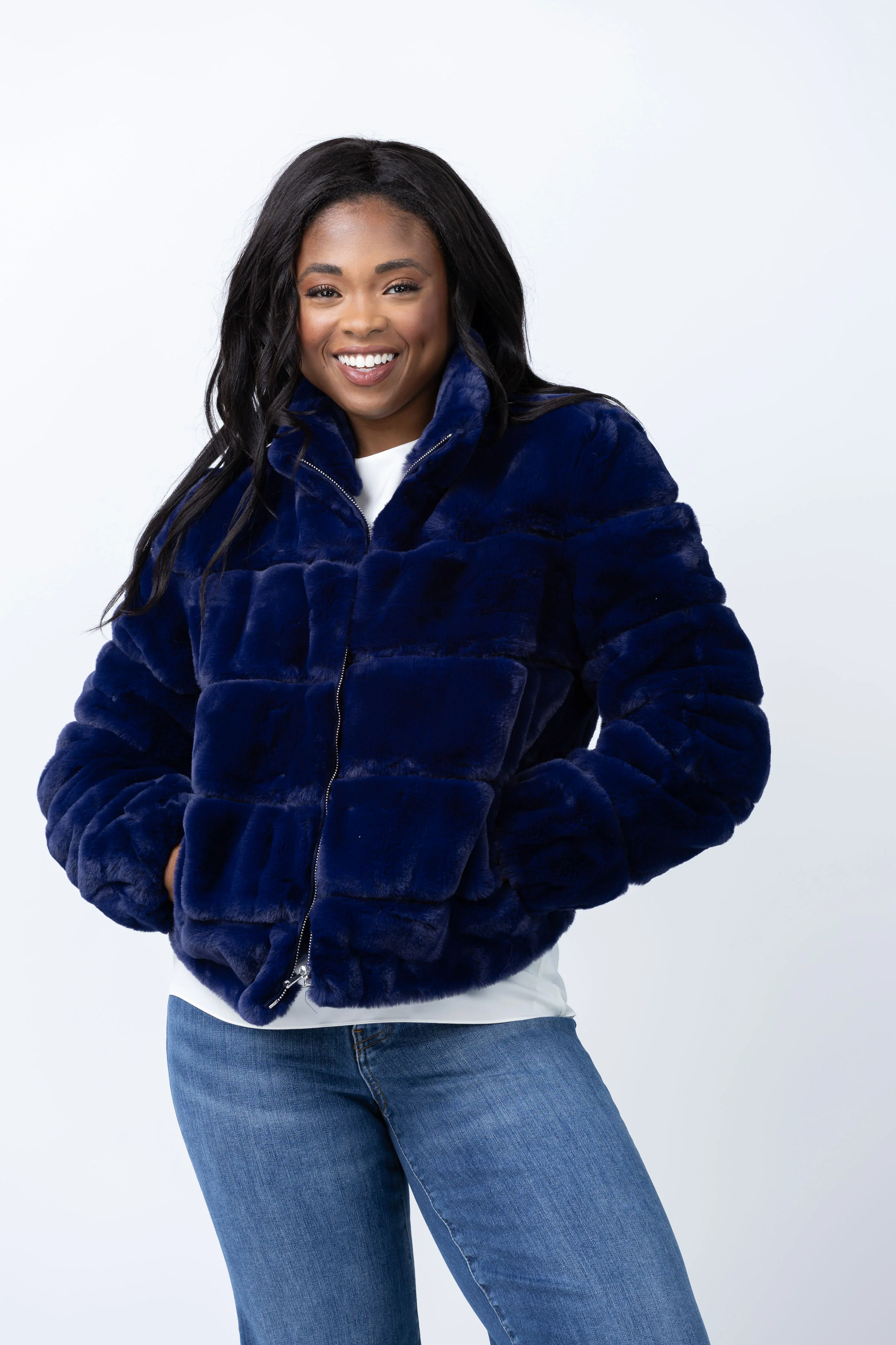 Eco-Friendly Love Token Alex Faux Fur Jacket in Indigo Artisan