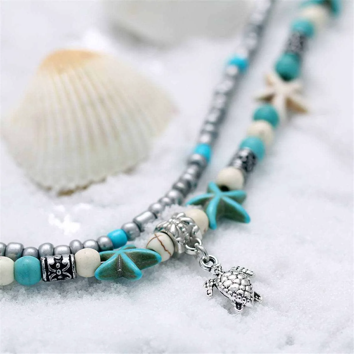 Excellent Turquoise Silvertone Sea Turtle Layered Anklet High-Grade