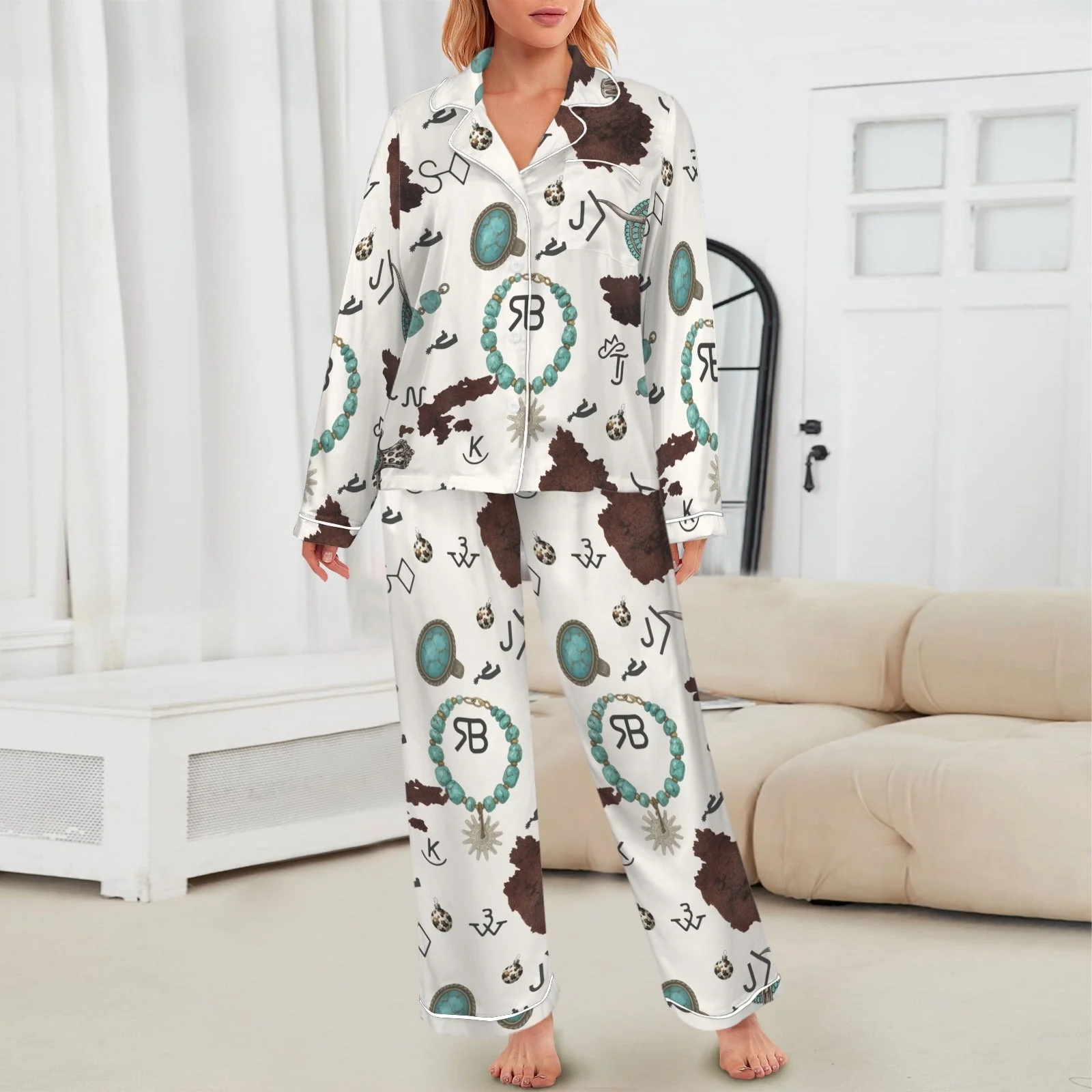 Fashionable Baha Ranch Brands Turquoise Cowgirl Christmas Western Cowprint Satin Pajamas Effective