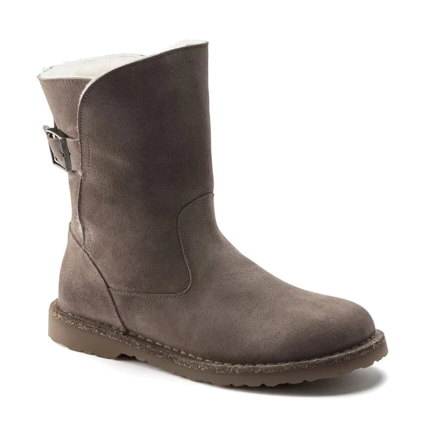 Detailed Birkenstock Women's Uppsala Shearling Suede Leather Desert Dust Grey Taupe Boots Powerful
