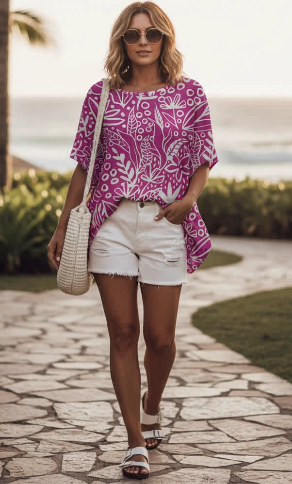 Contemporary Lily by Firmiana Women s Short Sleeve V-Neck Tunic Women s Apparel Pink Geometric Leaf Print Excellent